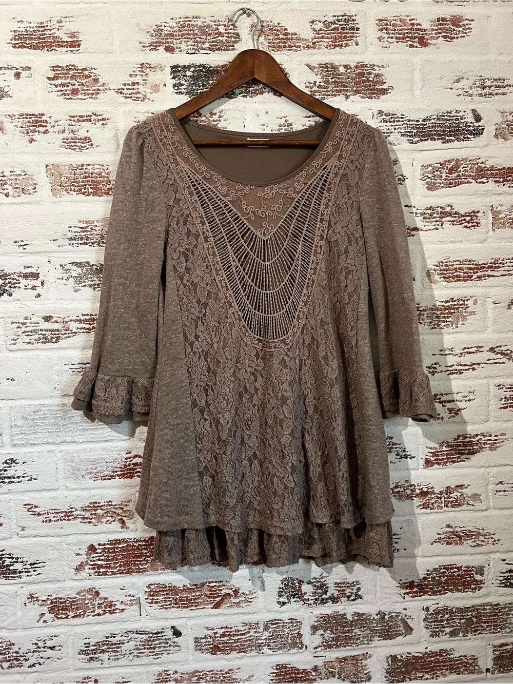 Blue Bird Womens Tunic Top Brown Lace Overlay Embroidered Boho Ruffle Trim M
